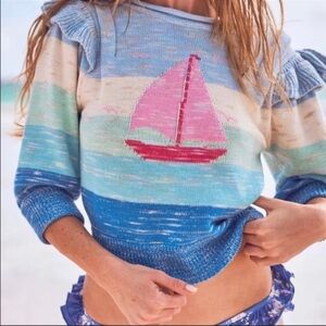 Loveshackfancy Lansing Ruffled Sailboat Pullover Knit Sweater XS